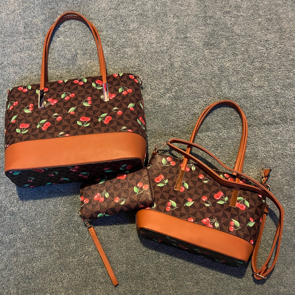 3 Pce Women's Cherry Print Bag Set New